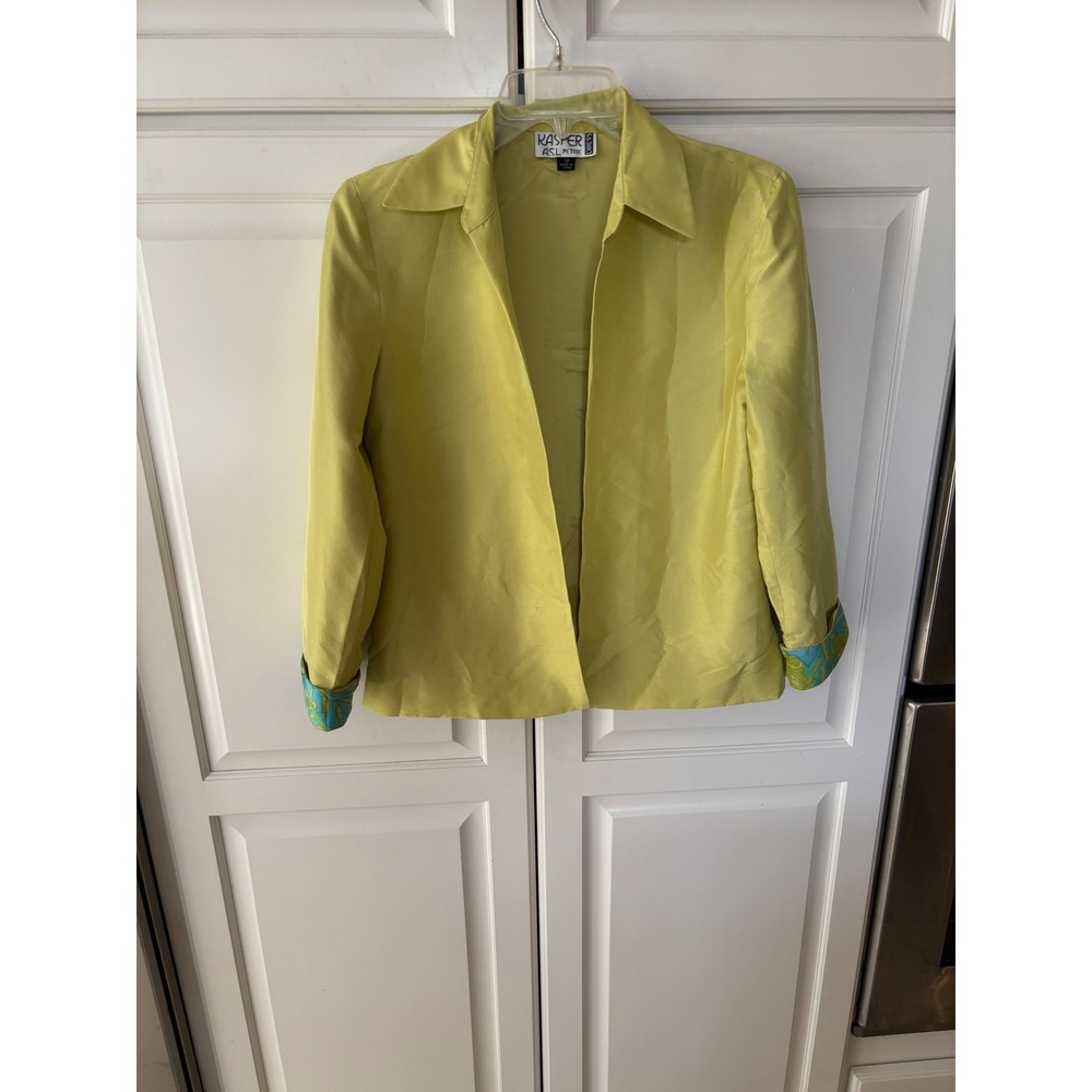 Kasper ASL Petite Chartreuse Yellow 100% Silk Open Front Blazer Jacket Size‎ 4P